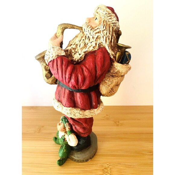 Santa Claus Figurine Wood World Playing Sax Carrying Bag Of Toys 1993 Green Elf - Picture 2 of 8